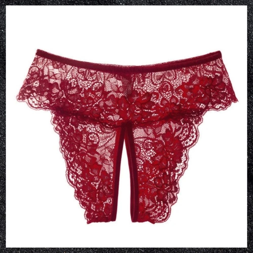 Dark Red Floral Lace Crotchless Panty
